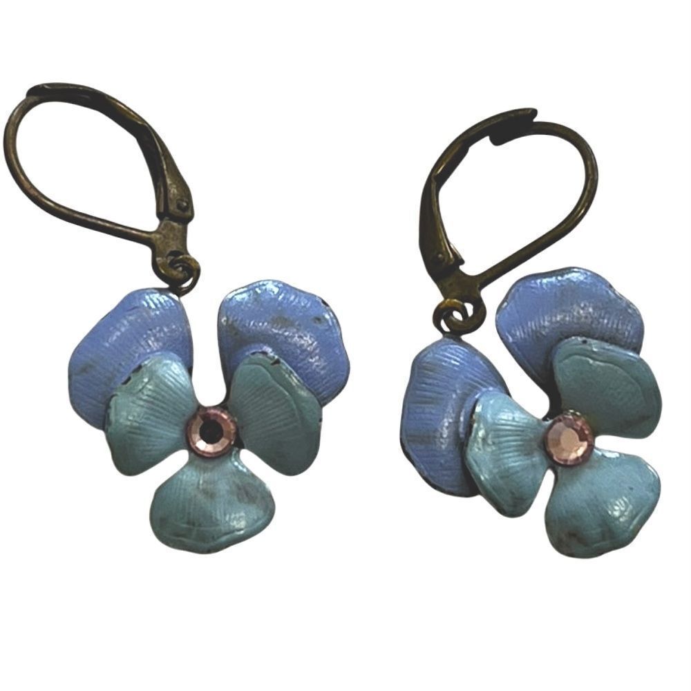 🌴 Blue Enamel Flower Dangle Earrings – Vintage Style